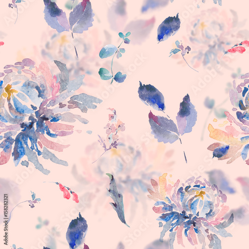 Floral watercolor seamless pattern with chrysanthemums