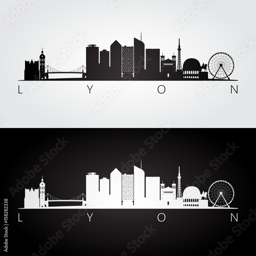 Lyon skyline and landmarks silhouette, black and white design.