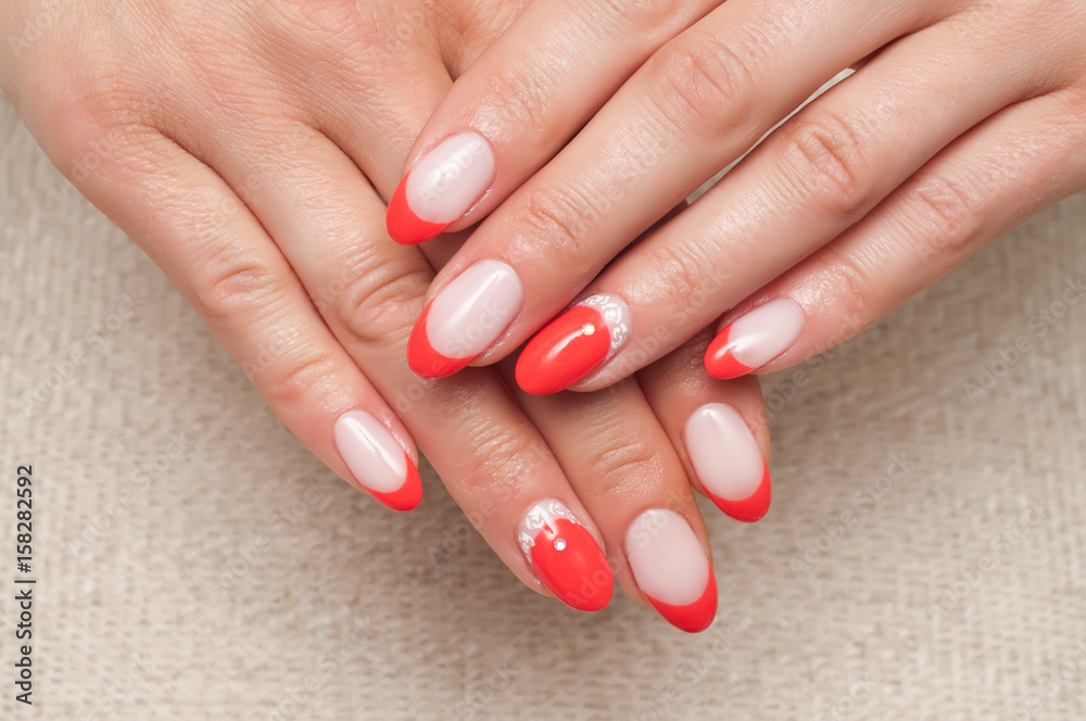 French manicure. Sharp long nails. Red nails. Svabed manicure with rhinestones. Dedicated nameless finger. French manicure. Sharp long nails. Red nails. Svabed manicure with rhinestones. Dedicated nameless finger.