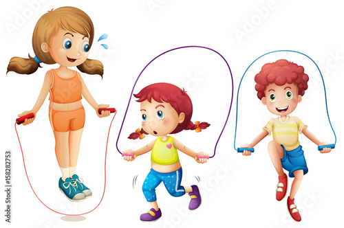 Three kids jumping rope on white background