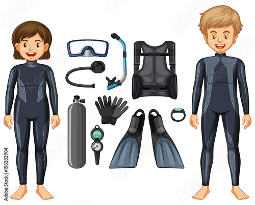 Scuba divers in wetsuit and different equipments