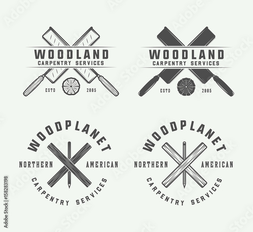 Set of vintage carpentry, woodwork and mechanic labels, badges, emblems and logo. Vector illustration. Monochrome Graphic Art.