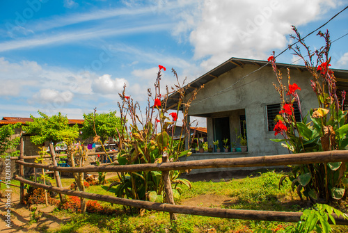 Small house with red flowers in the yard, Philippines. photo