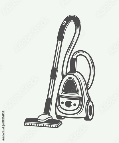 Vintage vacuum cleaner in retro style. Monochrome Graphic Art. Vector Illustration.