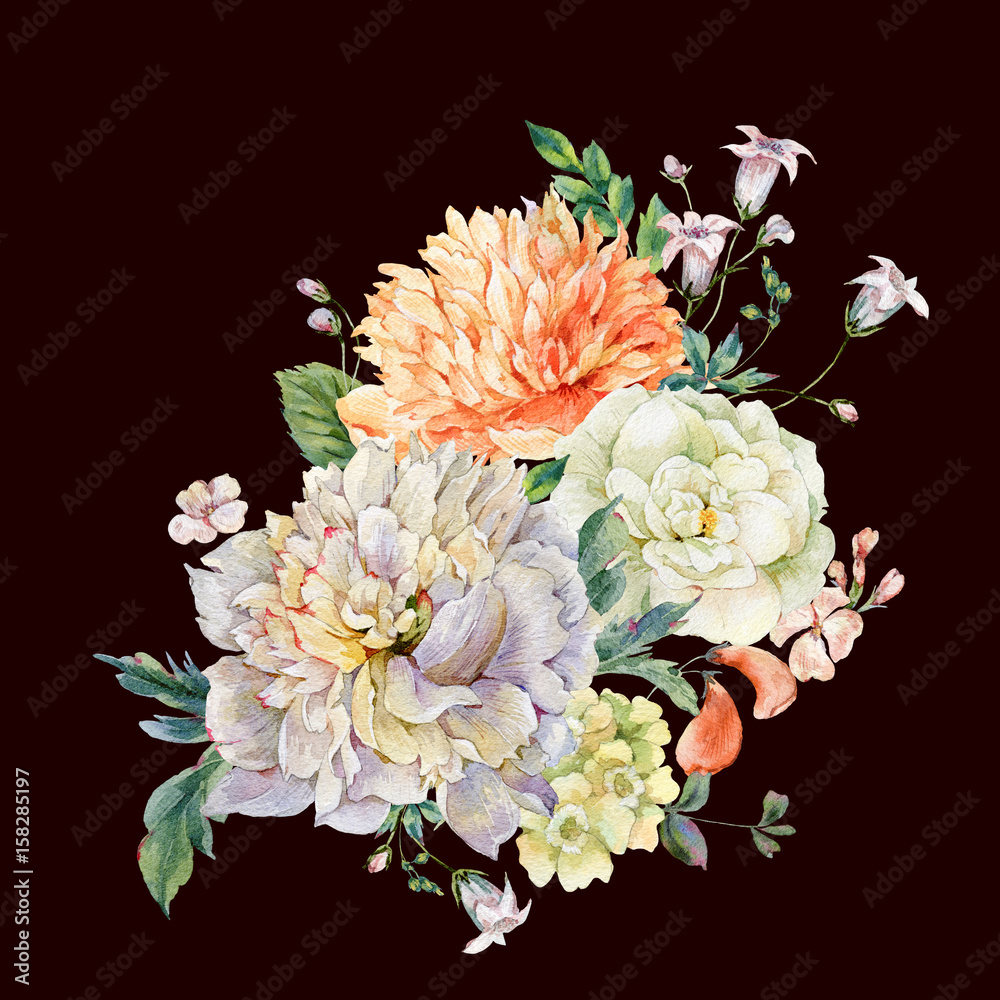Watercolor blooming peonies and wild flowers Watercolor blooming peonies and wild flowers