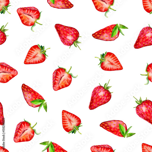Fototapeta Naklejka Na Ścianę i Meble -  Watercolor seamless pattern with strawberries, hand drawn style illustration for valentines day.