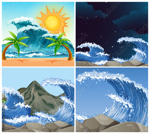 Ocean scenes with big waves day and night