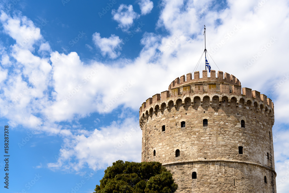 White tower at Thessaloniki city in Greece with copy space