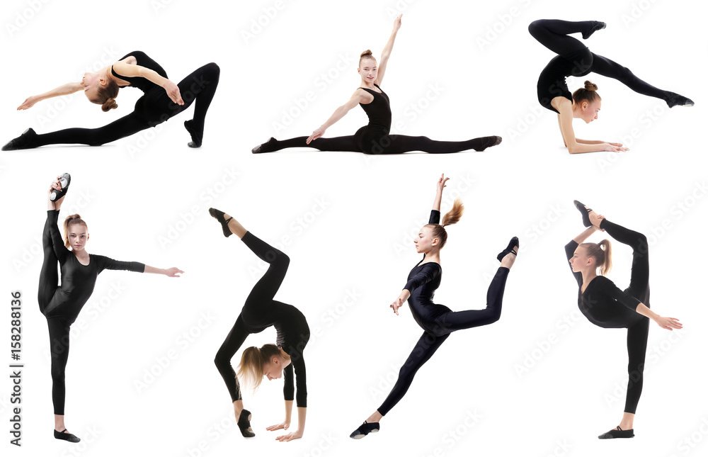 Collage of teenage girl doing gymnastics exercises on white background Collage of teenage girl doing gymnastics exercises on white background