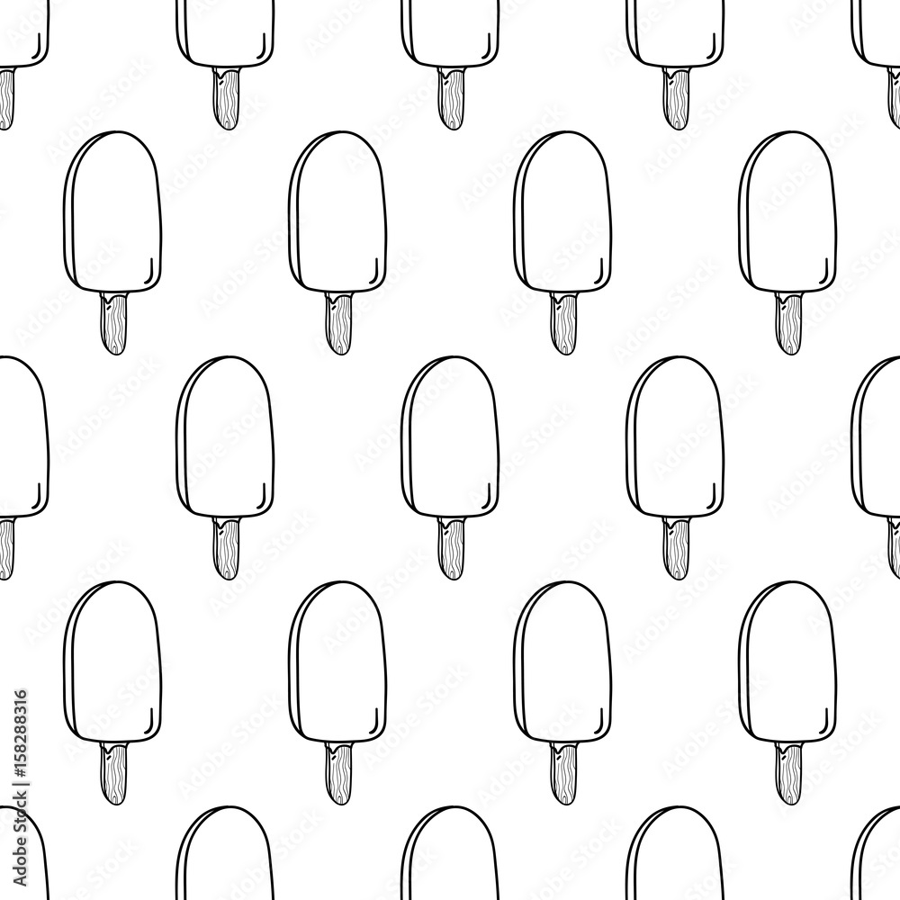 Seamless doodle eskimo pie black and white pattern, hand-drawn ice-cream monochrome background, ice-cream vector, for cards, invitations, food design, EPS 8