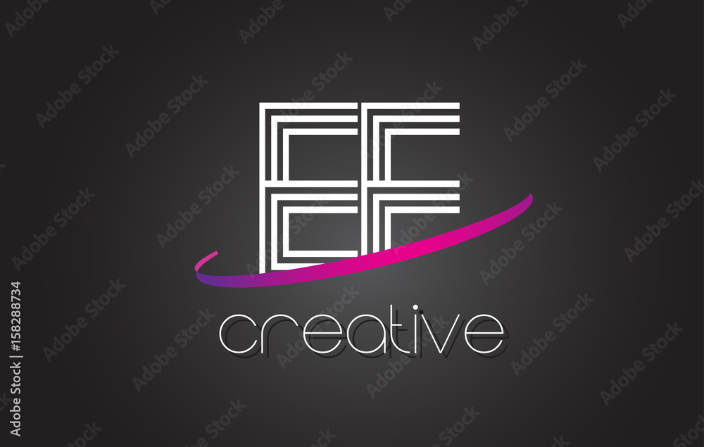 EE E E Letter Logo with Lines Design And Purple Swoosh. EE E E Letter Logo with Lines Design And Purple Swoosh.