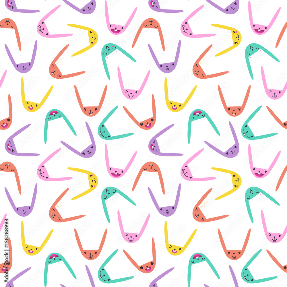 Colorful seamless pattern with cute Easter bunny faces with happy and lovely emotions, hand-drawn rabbits with various expressions, EPS 10 Colorful seamless pattern with cute Easter bunny faces with happy and lovely emotions, hand-drawn rabbits with various expressions, EPS 10