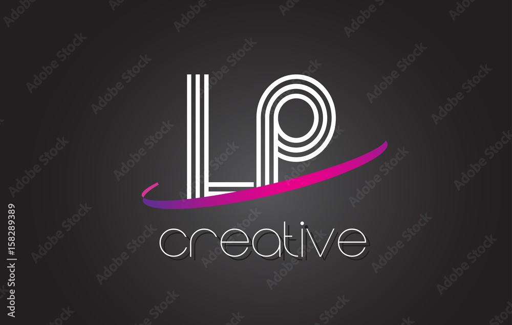 LP L P Letter Logo with Lines Design And Purple Swoosh.