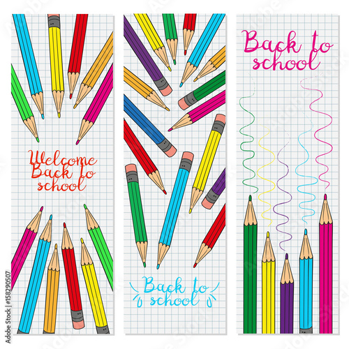 Set of three vertical banners with multicolored pencils.