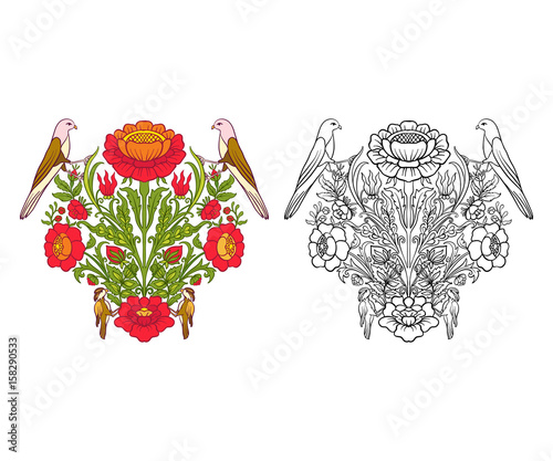 Set of outline and colored vintage flowers bouquet or pattern.