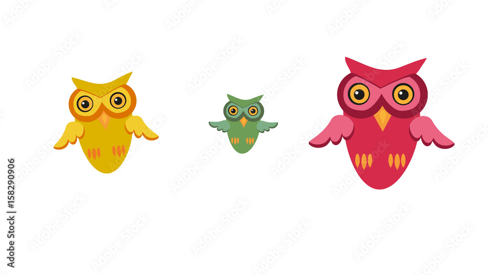 Three owls. Cute birds in cartoon style with flat design.