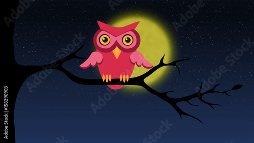 Owl sitting on tree branch at night. Retro cartoon style with flat design. Concept of nature and wisdom.