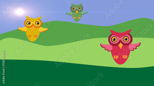 Three owls flying. Cute birds in cartoon style with flat design.