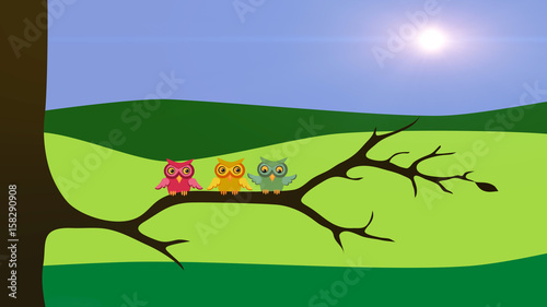 Nature background with three birds sitting on tree branch. Flat design illustration.