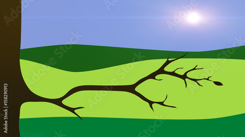 Nature background with tree and green hills. Flat design illustration.