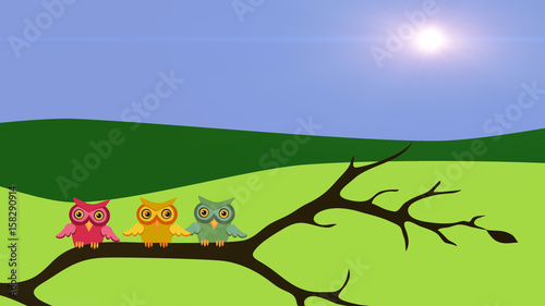 Nature background with three birds sitting on tree branch. Flat design illustration.