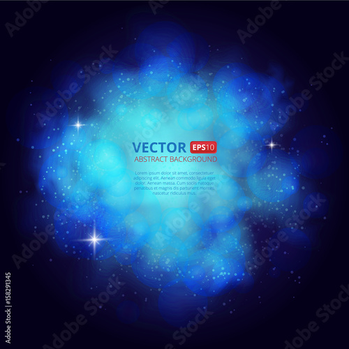 Nebula abstract background with place for text and bokeh effect. Night sky with stars and clouds. Vector Illustration.