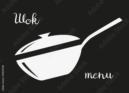 Wok frying pan icon on black background.