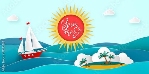 Sailboat in the sea. Island with coconut palms and beach in the ocean. Sun, clouds. Vector illustration for advertising, travel, tourism, cruises, travel agency, discounts and sales. Paper style