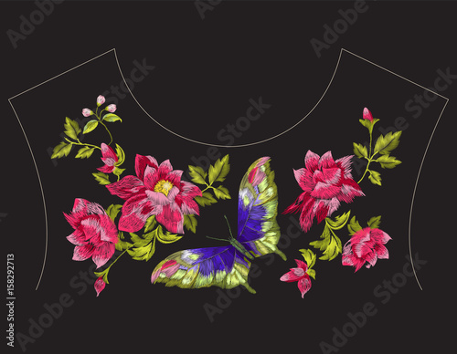 Embroidery ethnic neck line pattern with wild roses and butterfly. Vector traditional embroidered floral design with flowers on black background for fashion clothing.