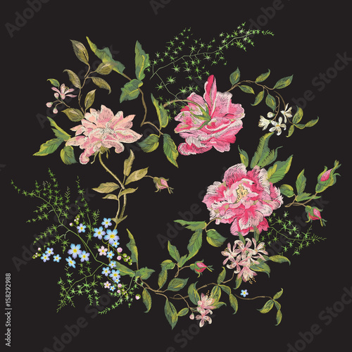 Embroidery beautiful floral pattern with roses, peony and forget me not.  Vector traditional embroidered bouquet with oriental flowers on black background for clothing design.
