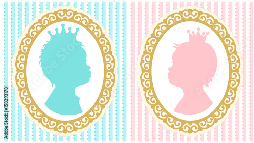 Silhouettes of little princess and prince with crowns. Oval vintage frame ornament. Baby shower invitation 