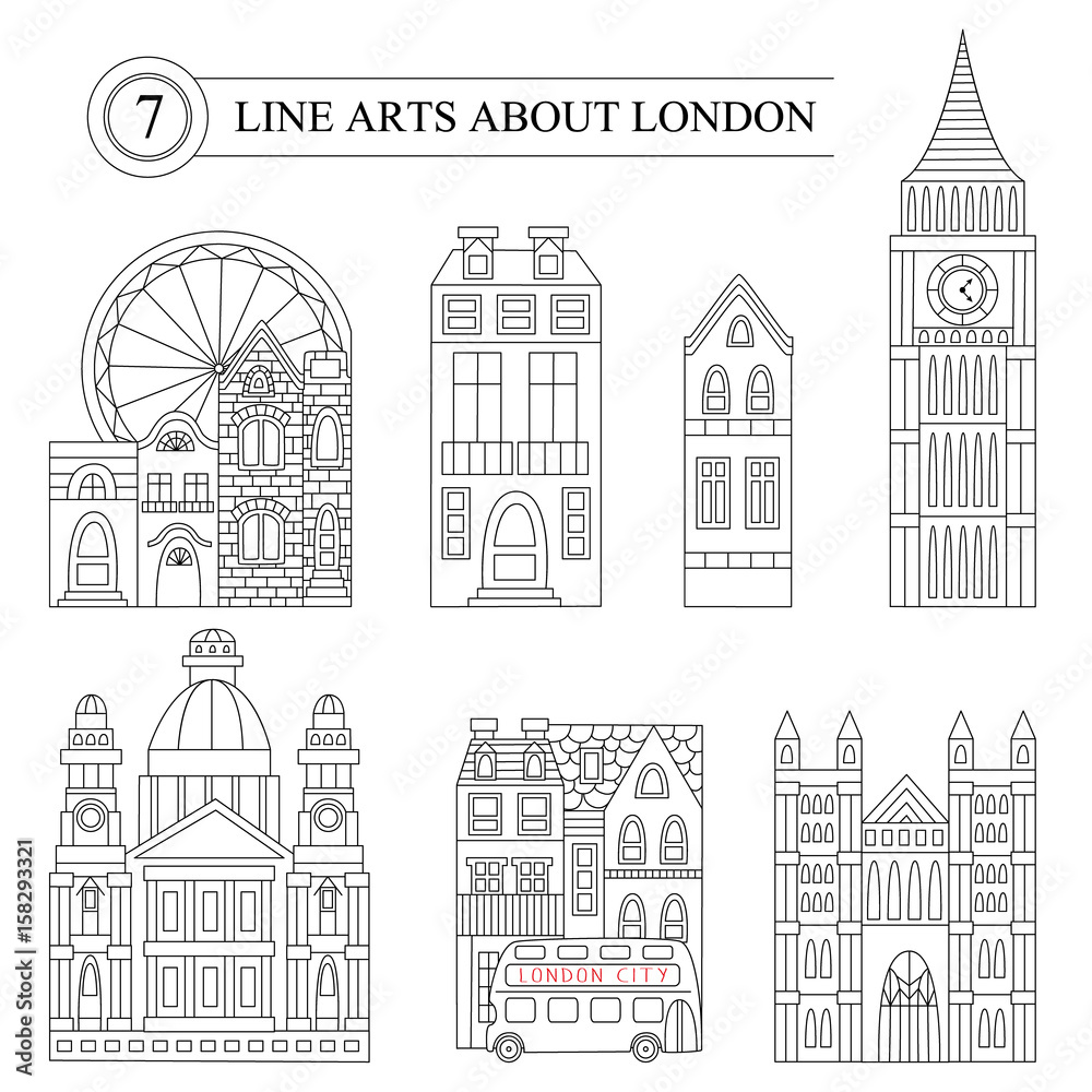 Historical and modern symbols of London in line style.