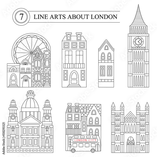 Historical and modern symbols of London in line style.