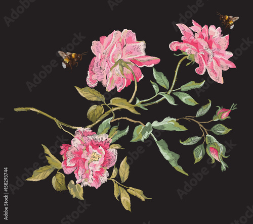 Embroidery fashion floral pattern with peonies and bees. Vector traditional embroidered bouquet with flowers on black background for clothing design.