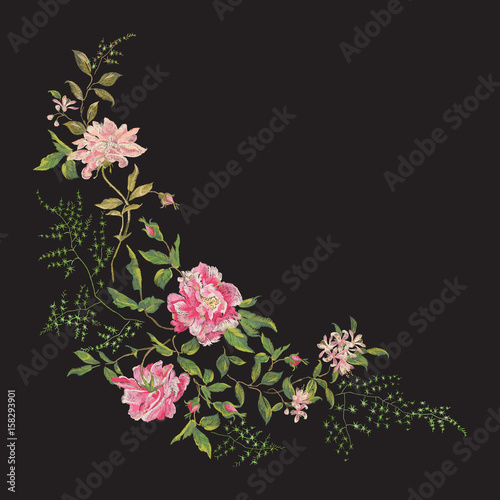 Embroidery fashion floral pattern with wild roses. Vector traditional embroidered bouquet with flowers on black background for clothing design.