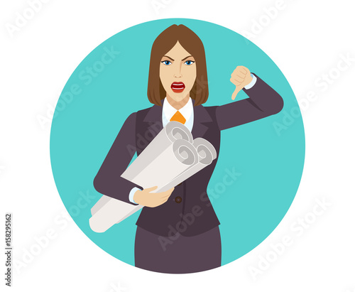 Businesswoman holding the project plans and showing thumb down gesture as rejection symbol
