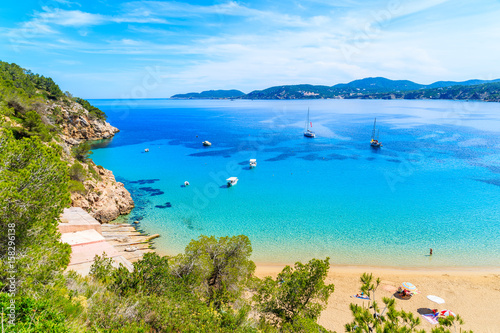 Amazing beach view with azure sea water in Cala San Vicente bay in northern part of Ibiza island, Spain © pkazmierczak