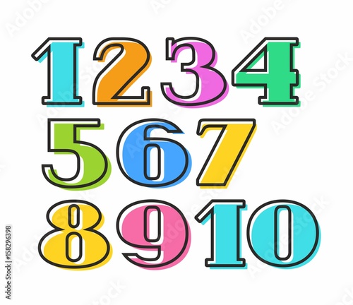 Colored numbers with black outline, vector. Colored numbers with serifs on a white background. 