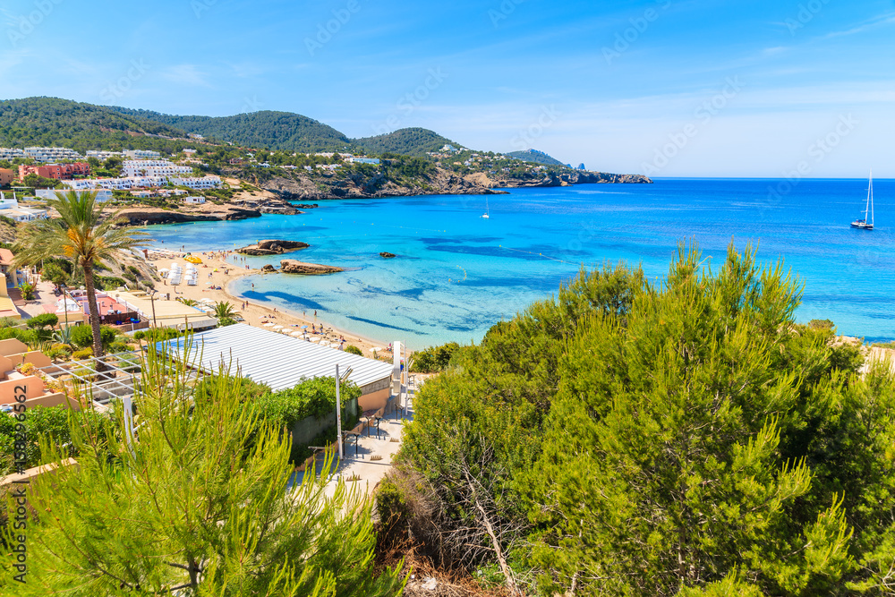 View of Cala Tarida bay and beach, Ibiza island, Spain.
