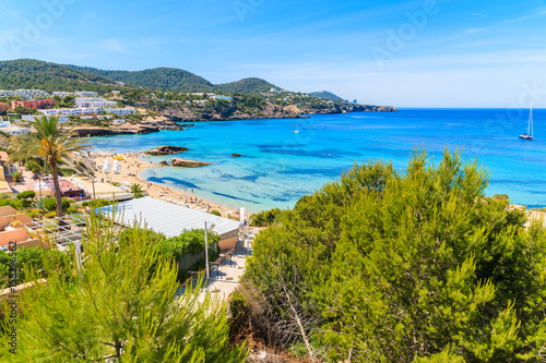 View of Cala Tarida bay and beach, Ibiza island, Spain.