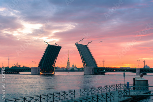 The classical beautiful view of the open Palace Bridge and Peter and Paul Fortress at dawn. Saint Petersburg. Russia