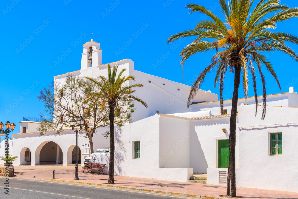 Typical white style church in Sant Josep de sa Talaia town on Ibiza island, Spain