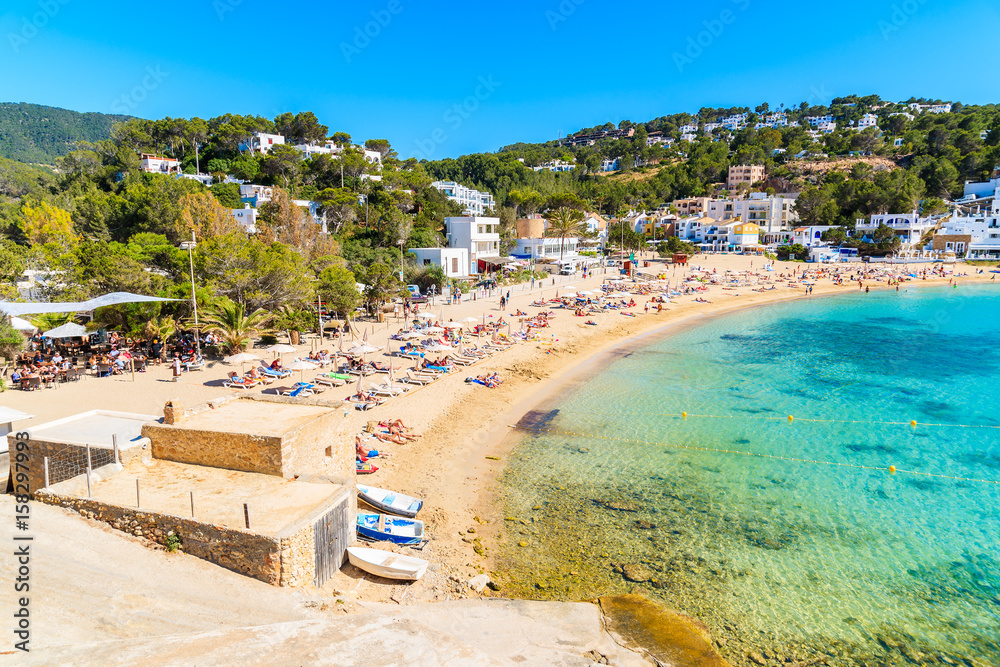 View of beach in Cala Vadella bay, Ibiza island, Spain
