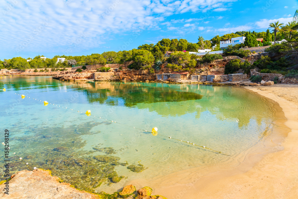 View of beautiful Cala Gracio beach and bay at early morning, Ibiza island, Spain