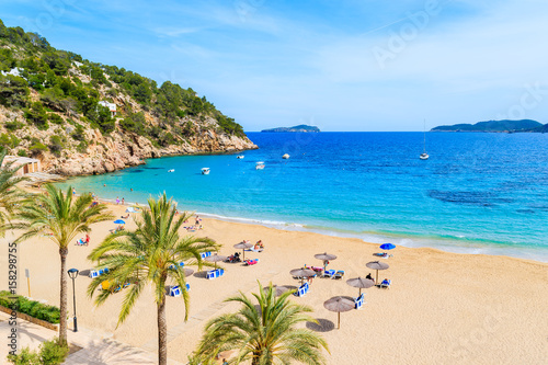 View of beautiful beach and sea bay in Cala San Vicente, Ibiza island, Spain