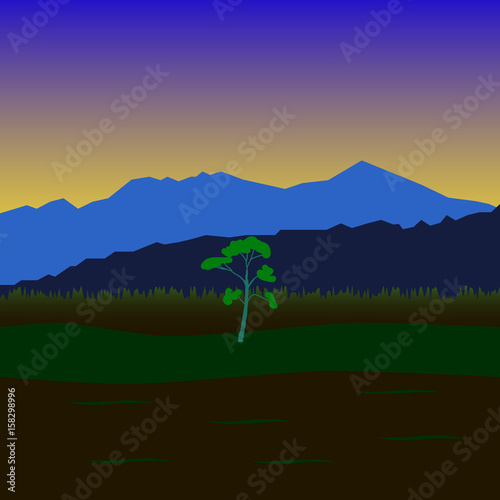 Primitive landscape with mountains, fields and sole tree