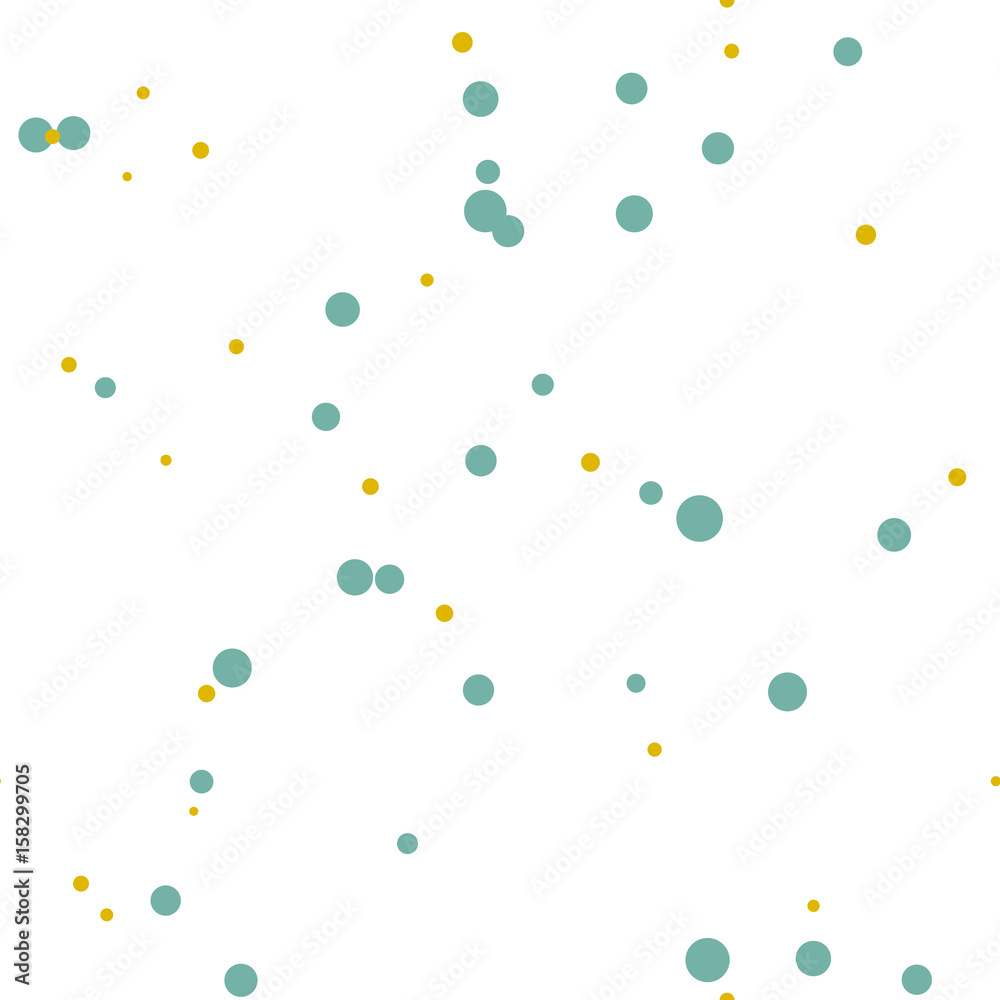 Gold, green messy dots. Abstract colorful dotted seamless pattern. Round geometric seamless pattern on white background. Infinity geometrical pattern. Vector illustration.