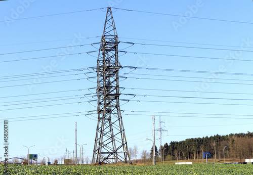 electrical powerlines in yellow field of rapeseed photo