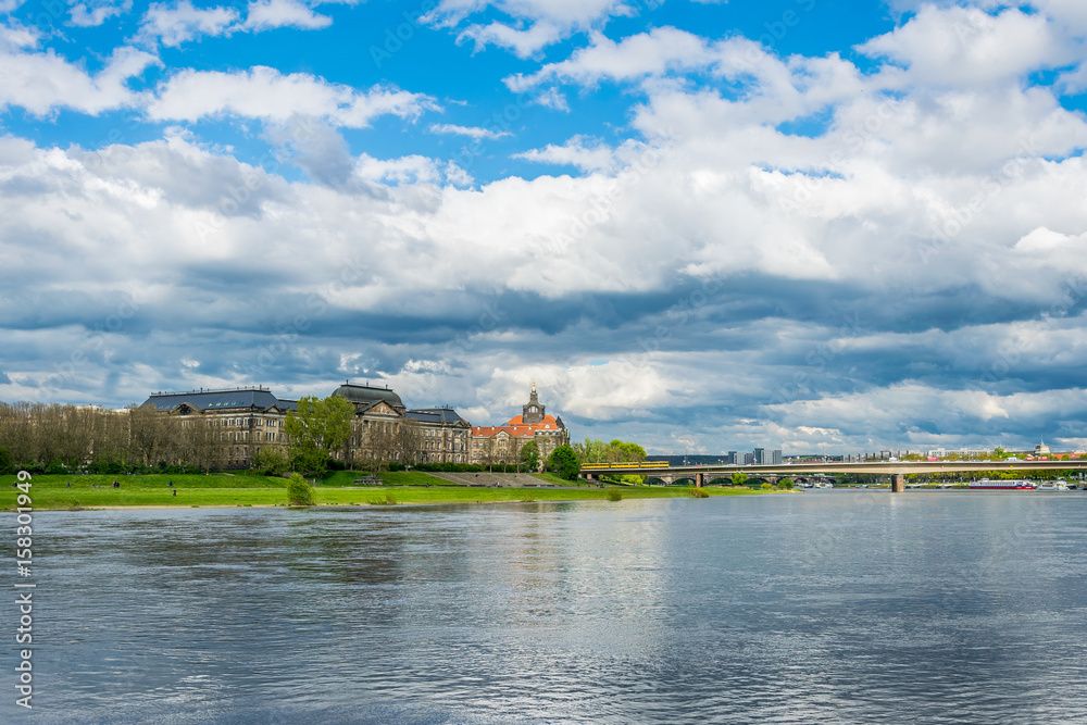 River panorama of the city of Dresden. River Elbe and old picturesque buildings