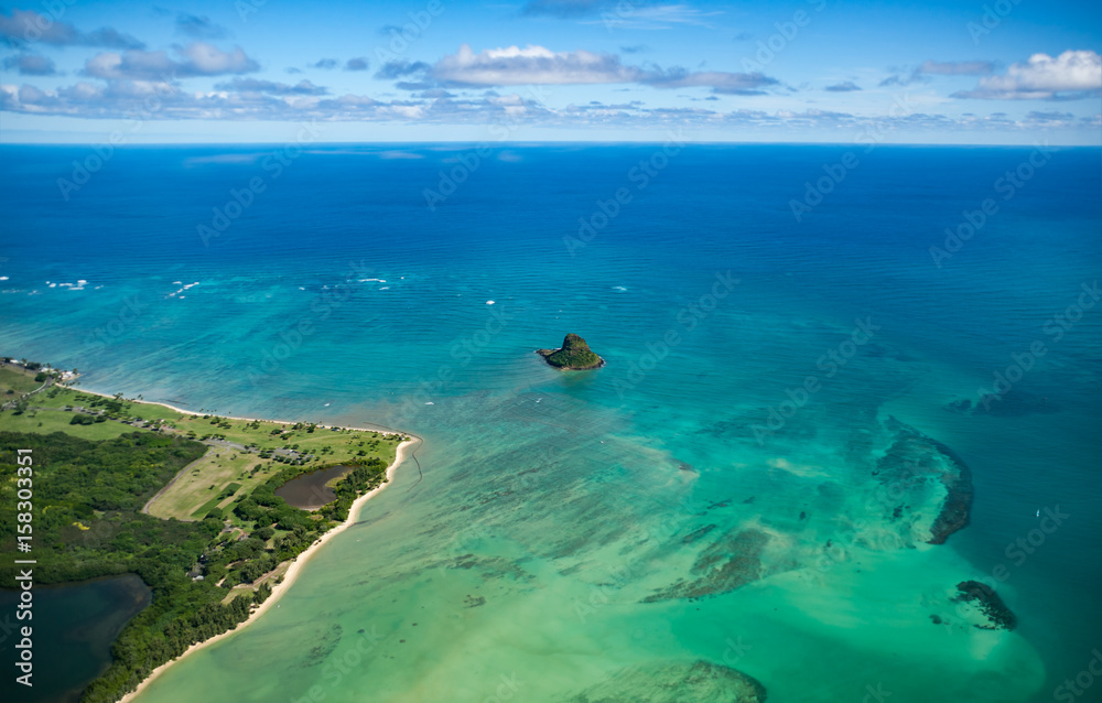 Aerial view of China Hat. Oahu, Hwaii